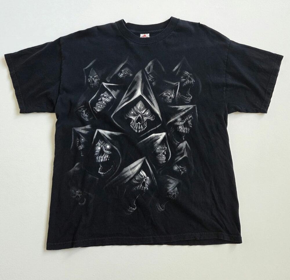 Vintage Y2K Grim Reaper Skull Graphic Tee XL Black Goth Horror Airbrush T-Shirt